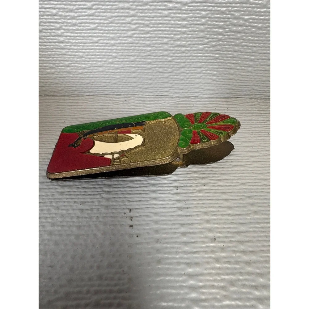 Vintage Brass Greek Cloisonne Enamel Money Clip Floral Nautical Sailing Ship